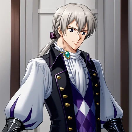 highres, absurdres, solo,1boy,defJakob, long hair, low ponytail, butler, brooch, vambraces, gauntlets,<lora:JakobFE-pdxl-bsinky-v1:1>, <lora:MayumiHirotaStyleThracia_SDXL-000010:1> MayumiHirotaStyle