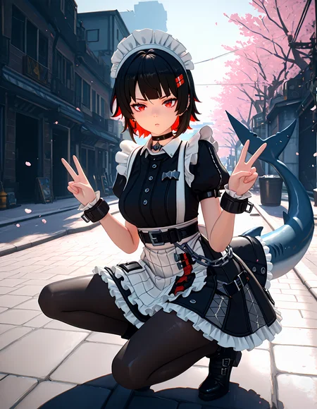 masterpiece, best quality, newest, highres, absurdres, <lora:Z_Style:1>,3d,ellen joe, 1girl, solo, outdoors, street, cherry blossoms, cowboy shot, squatting, looking at viewer, :o, closed mouth, serious, ellen, red eyes, black hair, short hair, colored inner hair, hairclip, ear piercing, fins, shark tail, maid headdress, hair ornament, black dress, puffy short sleeves, choker, frilled dress, high-waist skirt, black pantyhose, wrists cuffs, apron, belt, black footwear, full body, double v, foreshortening, scenery, wind,soft_lighting