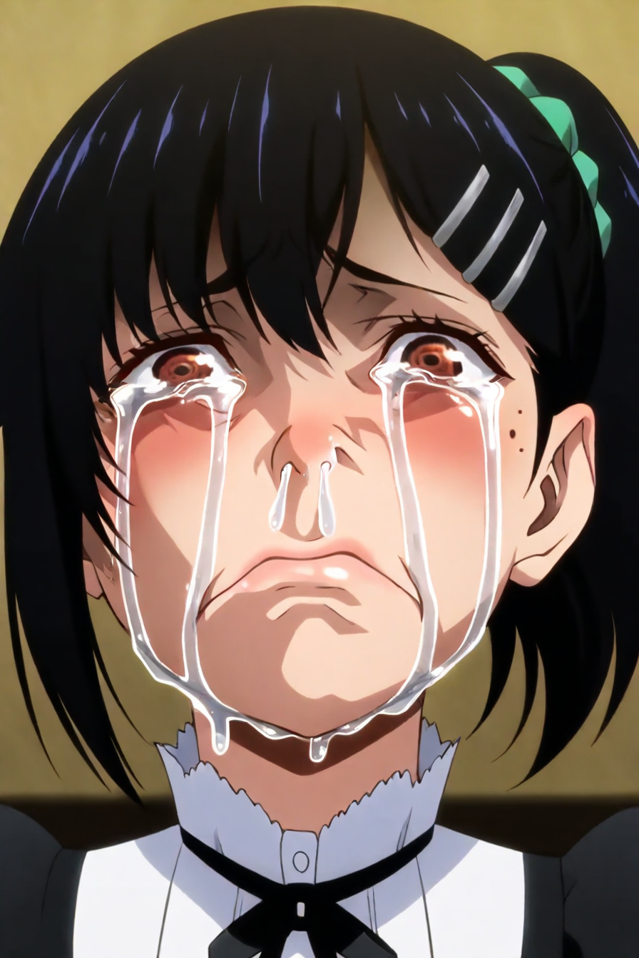 kobeni higashiyama, black hair, hair ornament, hairclip, mole, mole under eye, ponytail, short hair, brown eyes, 1girl, solo, alone,  <lora:kakegurui_face_illustriousXL-000009:1>,kakegurui_face_expression, crying, tears, snot, masterpiece, highres