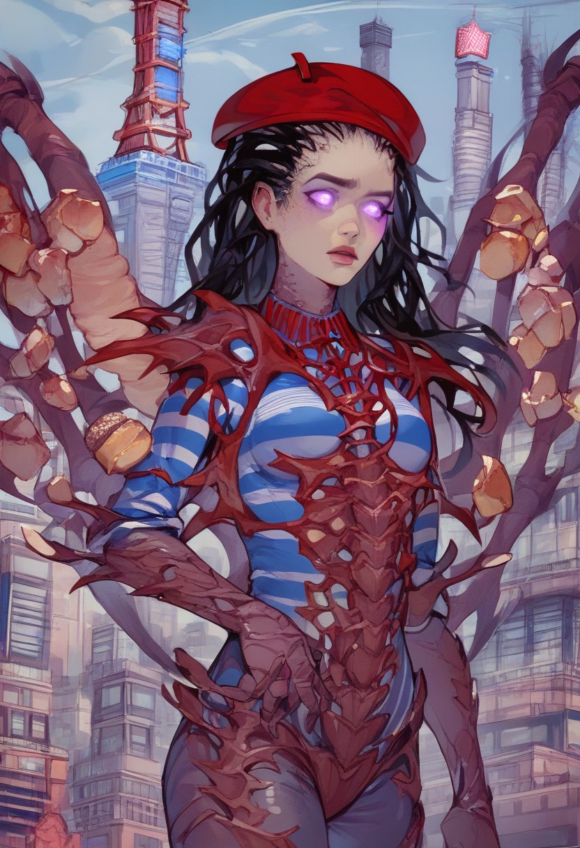 score_9,score_8_up,score_7_up,score_6_up,score_5_up,score_4_up,
kerriganxl,long hair,dreadlocks,black hair, purple eyes,glowing eyes,bone wings,
armor,bodysuit,hips, glowin skin, (french city:1.6), (Paris:1.8), (baguette:1.6), (beret:1.6), (red beret:1.6), (stiped shirt:1.6), white blue striped shirt,     
<lora:Kerrigan:0.8>