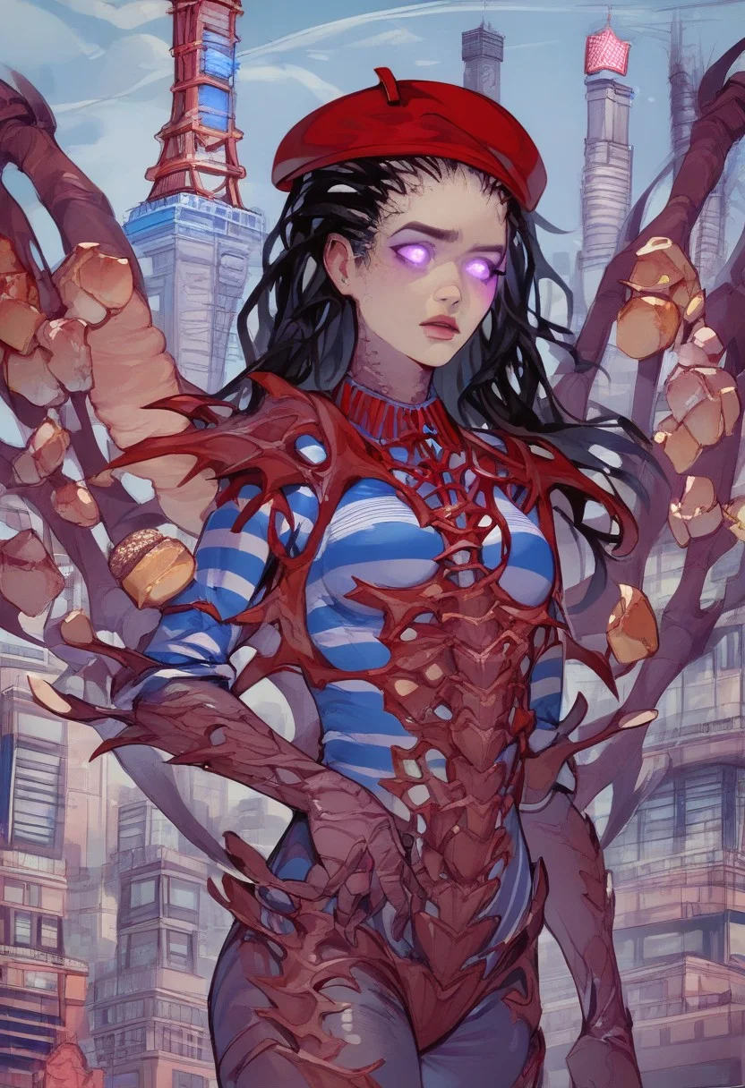 score_9,score_8_up,score_7_up,score_6_up,score_5_up,score_4_up,
kerriganxl,long hair,dreadlocks,black hair, purple eyes,glowing eyes,bone wings,
armor,bodysuit,hips, glowin skin, (french city:1.6), (Paris:1.8), (baguette:1.6), (beret:1.6), (red beret:1.6), (stiped shirt:1.6), white blue striped shirt,
<lora:Kerrigan:0.8>
