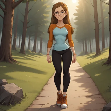 score_9, score_8, BREAK, solo, 1girl, multicolored long sleeves, undershirt, leggings, glasses, brown hair, long hair, black eyes, sneakers, breasts, total drama, Mary_(Total_Drama), tdtrr, cute, bracelet, sexy pose, full body, smile, outdoors, sunlight, shadows, evening lighting, natural lighting, forest, trees, grass, orange sky, sunset