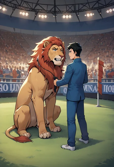 score_9,score_8_up,core_7_up, circus-tent, audience, sitting crowd, arena, 1boy, human, lion-tamer, holding whip, standing, full body, indoors, night,
BREAK
wild animal, feral, lion, lion, feet on ground, hay on ground,