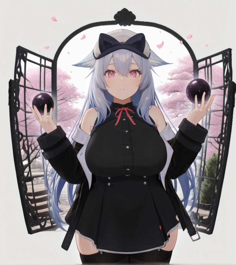 1girl, wild hips, huge breasts, :d, book, breasts, card, cherry blossoms, cowboy shot, hands up, holding, holding book, looking at viewer, occult ball, open mouth, petals, plaid, smile, solo, standing, tree, pawnshop, display window, various items,
æ¡æ¢,long hair,colored inner hair,white hair,blue hair,
animal ears,fluffy ears,hair flaps,
hair between eyes,
newsboy cap,white hat,
pink eyes,
black jacket,buckles,
sleeveless dress,black dress,short dress,neck ribbon,red ribbon,
black thighhighs,garter straps,
ankle boots,black shoes,
straight-on,white background,
intricate details,detailed background,
<lora:noobaiXLNAIXL_epsilonPred11Version-lora:0.11> <lora:Curve slider IXL2_alpha16.0_rank32_full_last:2>   <lora:anatomy_helper:1>  <lora:ChamIllustriousBackgroundEnhancer:1>  <lora:æ¡æ¢-ã³ã¹ãã¥ã¼ã ãã¥ã¼ã¸ã¢ã è©¦ç-vrchat:0.9>
