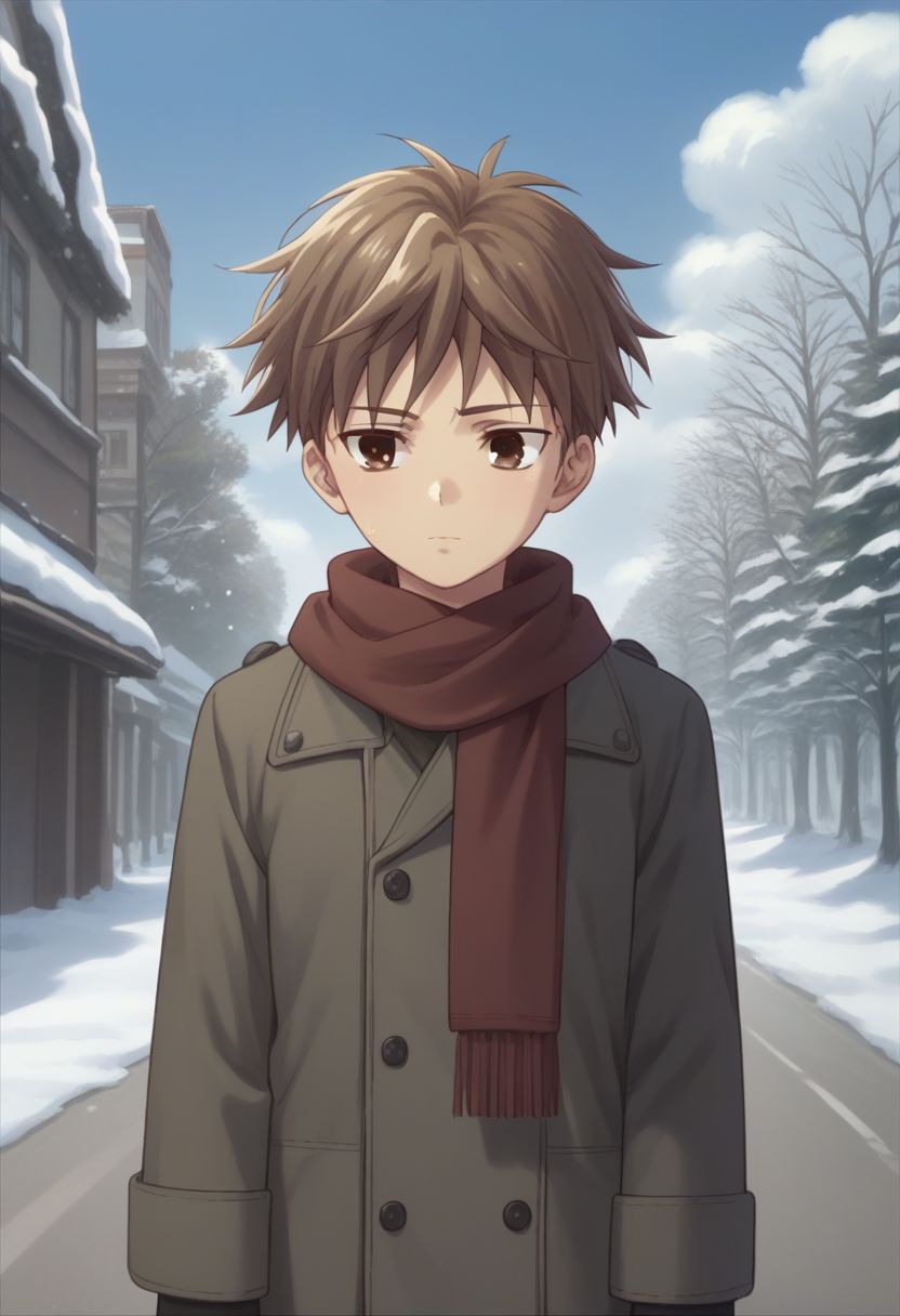 score_9, score_8_up, score_7_up, source_anime, highly detailed, 1boy, solo, male_focus, 
hiro_sohma, brown eyes, brown hair, 1boy, male focus, street, trees, day, sky, cloud, snow, coat, scarf, cold,