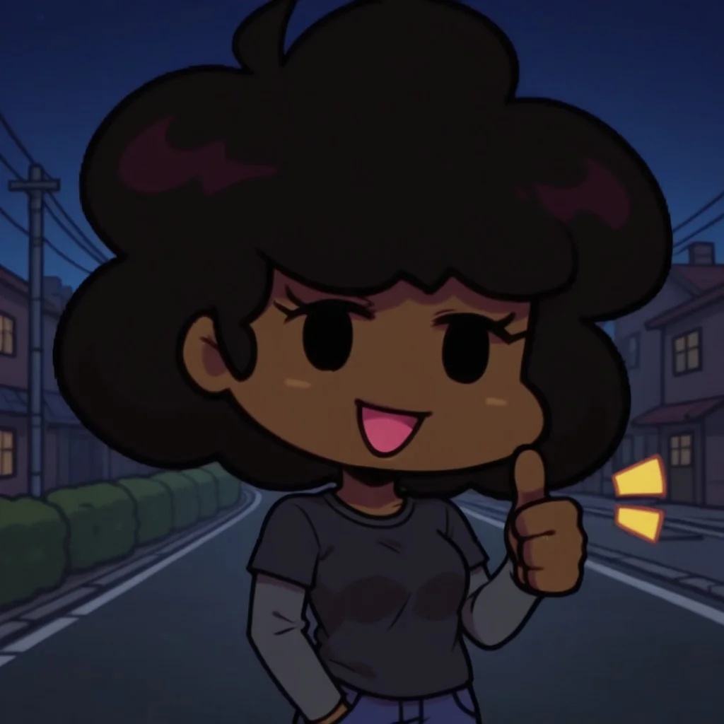 solo,1gir,Carol (Friday night funkin),chibi,dark-skinned female,very dark skin,black hair,afro,dot eyes,black eyes,black shirt,long sleeves,open mouth,smile,thumbs up,hand in pocket,looking at viewer,upper body portrait,outdoors,night,street