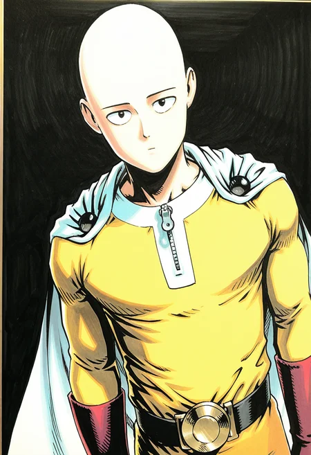 male, solo, alone, 1boy, traditional media, male focus, (bald, bodysuit, red gloves, black belt, zipper, cape), (looking at viewer, ),
BREAK
(solid white background, , sa1tama, parody, , DR, 8K, beautiful, high contrast, masterpiece, best quality, amazing quality, very aesthetic, absurdres, newest, depth of field, ray tracing, dynamic angle,