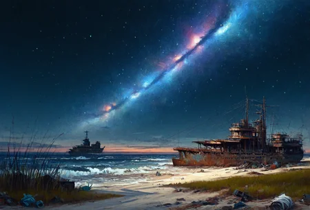 cargo ship, beached, on beach, [rust], tall grass, trash, beach, starry sky, galaxy, night, broken, 35mm, very awa, masterpiece, <lora:Digital_Impressionist_SDXL:1>