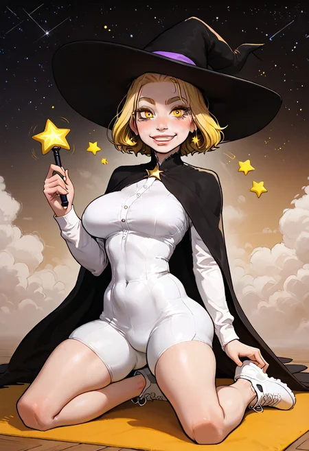 score_9, score_8_up, score_7_up, 1girl, slim petite woman with large chest breasts, teaching at wizard school , hand hold up a glowing wand,
happy, gorgeous face, cute, bounce breast, blushing, perfect eyes,
wearing dark cloak with star pattern , full coverage robes, pointy moon and star pattern witch hat, white sneaker shoes, bounce lines, hearts, golden stars, electric bolts, excitement lines,
blonde medium cut hair,
aqua color gym , golden hour light effects, cast shadows over subject, morning light,
detailed background, detailerlora,
skindentation, SkinDetail, 1nc4s3, Expressiveh, yoga