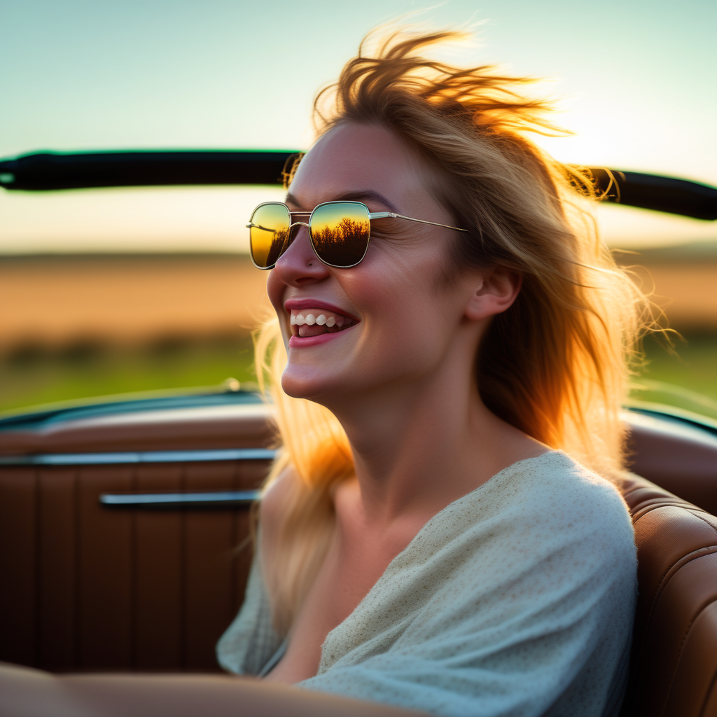 Hyper-realistic, playful half-body close-up of a woman sitting in the passenger seat of a vintage convertible, her hair wild and free in the rushing wind. She throws her head back in laughter, her sunglasses slightly tilted as she looks toward the driver with a flirty expression. The golden late afternoon sun casts long, warm highlights across her skin, illuminating the fine texture of her freckles and soft contours. The blurred highway and distant rolling hills stretch endlessly behind her, adding a sense of freedom and movement to the scene. Shot on a Sony A7R V, 85mm f/1.4, ultra-detailed skin texture, cinematic soft-focus motion blur, HDR 8K. Effortless, vibrant, and full of energy.