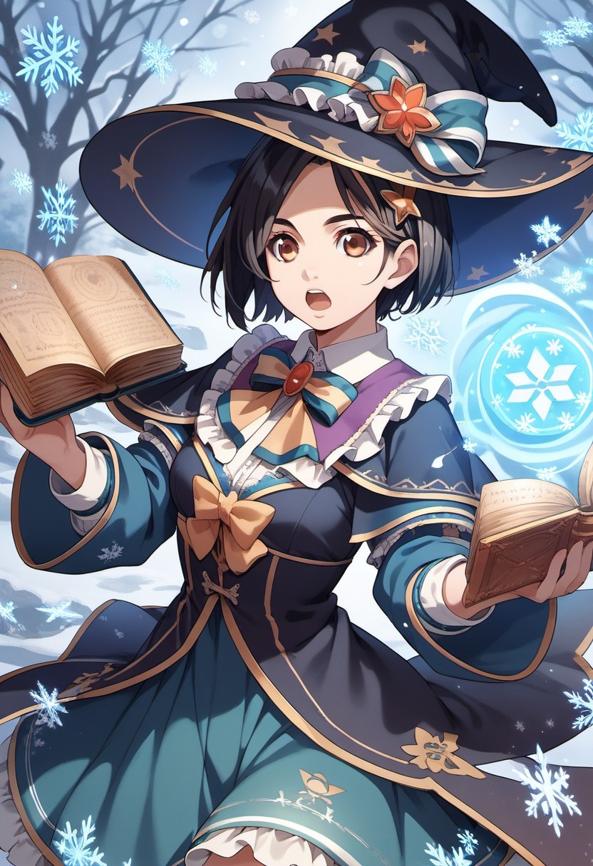 score_9, score_8_up, score_7_up, source_anime, rinwell, short hair, black hair, brown eyes, 1girl, hat, witch hat, solo, skirt, magic, book, hair ornament, open mouth, snowflakes