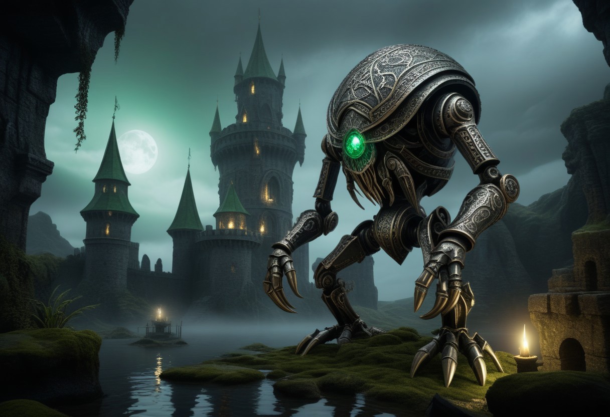 giant bipedal robot pewter silver and grey green stripes and bronze gold paisley robot. lacy robot cube squid head. outside of a steampunk keep. large detailed torso. dark image. one forty foot tall ancient robot with great arms and two heavy spring legs. dark foggy night background. $dark foggy night image only. dark photo realistic image. steampunk details. cogs, chains and pipes incorporated in the fantasy buildings. magic wizards tower in background. Dark swamp, moss, castle ruins, wizards tower. stormy dark night. small flaming machines. scorpion