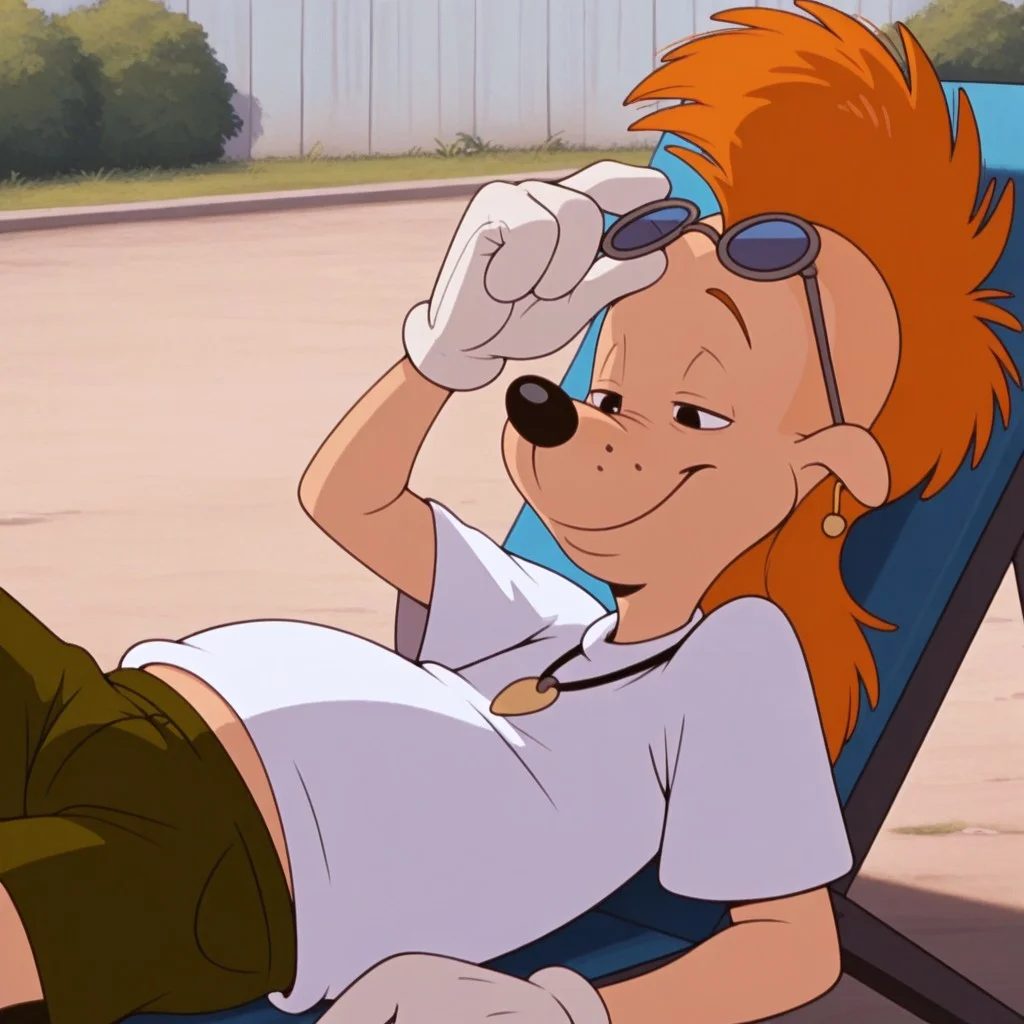masterpiece, best quality, amazing quality, official style, r0b3rtz1m, male, furry male, anthro, solo, orange hair, long hair, mohawk, black eyes, black nose, small ears, slightly chubby, earring, necklace, white gloves, white t-shirt, green shorts, sandals, laying back, on chair, smile, half-closed eyes, glasses on head, outdoors, backyard