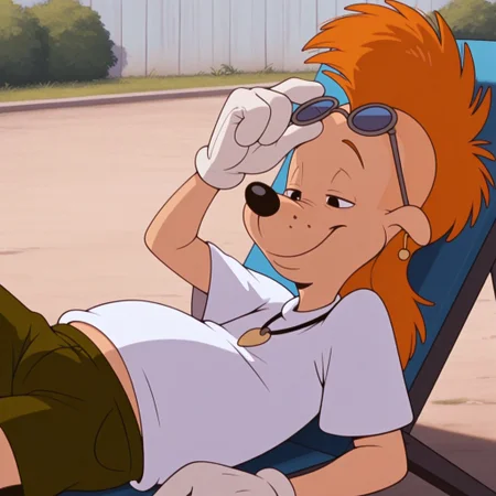 masterpiece, best quality, amazing quality, official style, r0b3rtz1m, male, furry male, anthro, solo, orange hair, long hair, mohawk, black eyes, black nose, small ears, slightly chubby, earring, necklace, white gloves, white t-shirt, green shorts, sandals, laying back, on chair, smile, half-closed eyes, glasses on head, outdoors, backyard