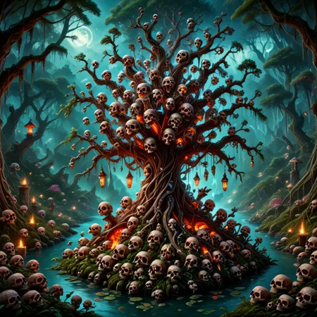 score_9, score_8_up, score_7_up, blue lake background, tree growing out of water, decorated with skulls, made of skulls,