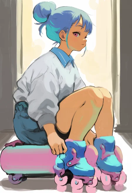 amazing quality, newest, absurdres, realistic lighting, 1girl, solo, blue hair, hair bun, pink roller skates, putting on shoes, sitting, looking at viewer, <lora:naohito-IL>