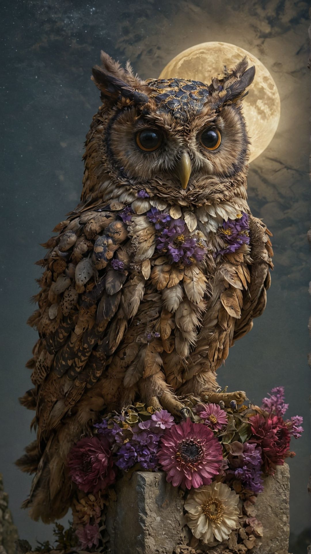 hyper realistic, a giant owl with celestial patterns on its feathers, perched on an ancient stone monument under a starry night sky, mystical and serene atmosphere, soft moonlight 
,<lora:add-detail-xl:1>
 <lora:ral-dryflwrs-sdxl:1> ral-dryflwrs