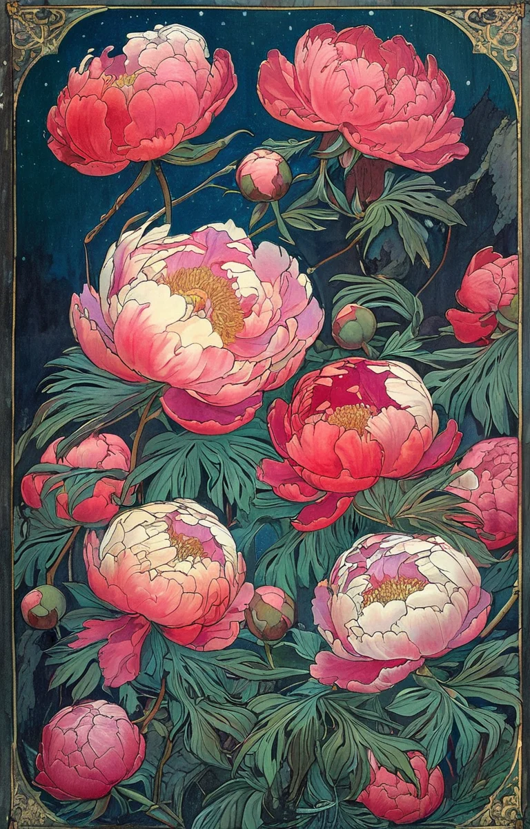 masterpiece,best quality,<lora:tbh166-sdxl:0.9>,illustration,style of Ivan Bilibin, decaying peonies