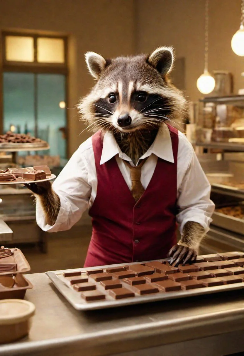 film still of an anthropomorphic raccoon working as a chocolatier, 4k