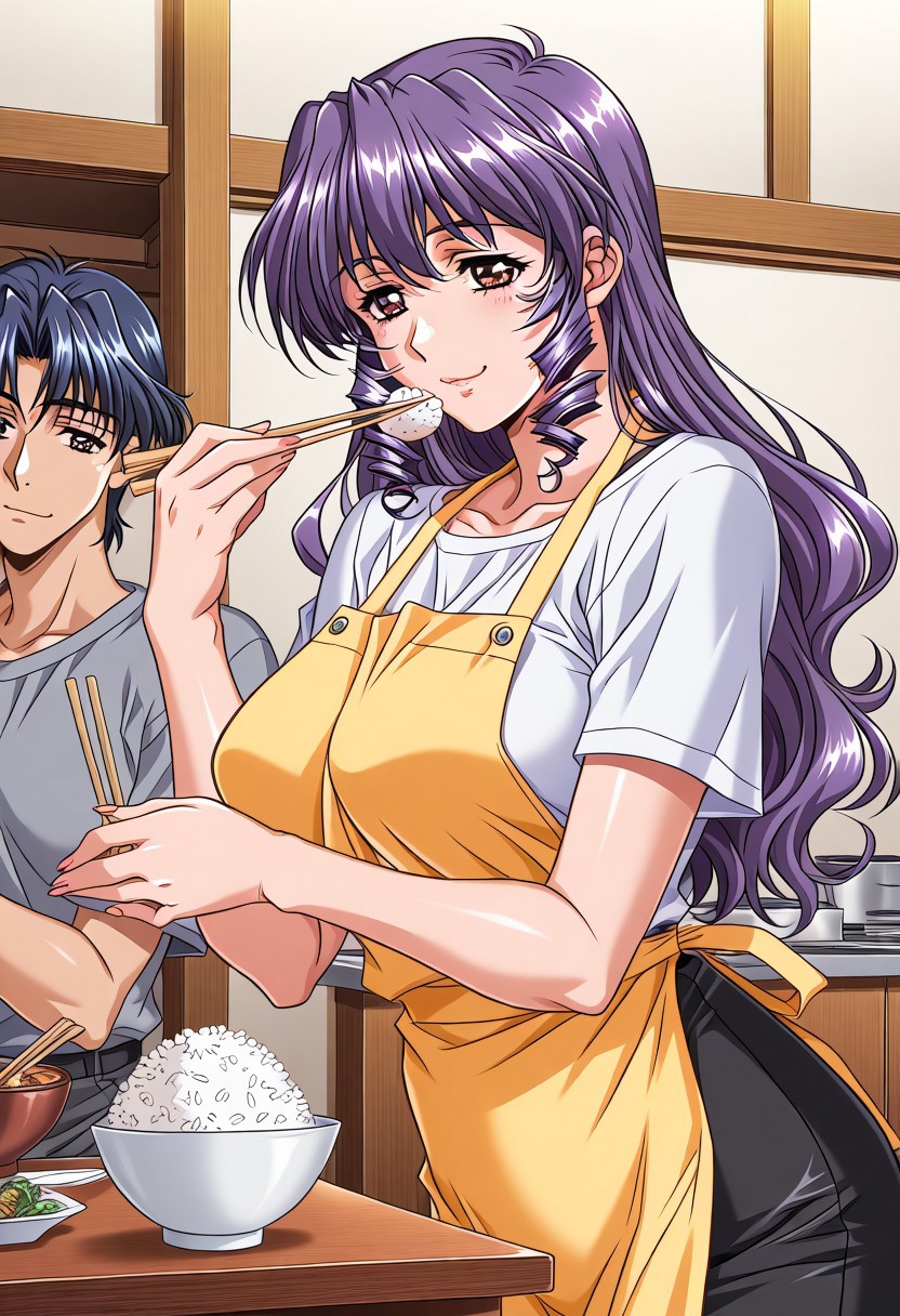 masterpiece, best quality, newest, highres, uncensored, 1girl, yokota mamoru style,motion lines,1girl,Sasazuka Kyou,Blue hair, Ringlet, Wavy hair,Brown eyes,Big Breasts,Pale, Slim,1girl,1girl, 1boy, chopsticks, apron, skirt, food, smile, brown eyes, blue hair, rice, bowl, purple hair, pencil skirt,the girl is making food while the boy is eating