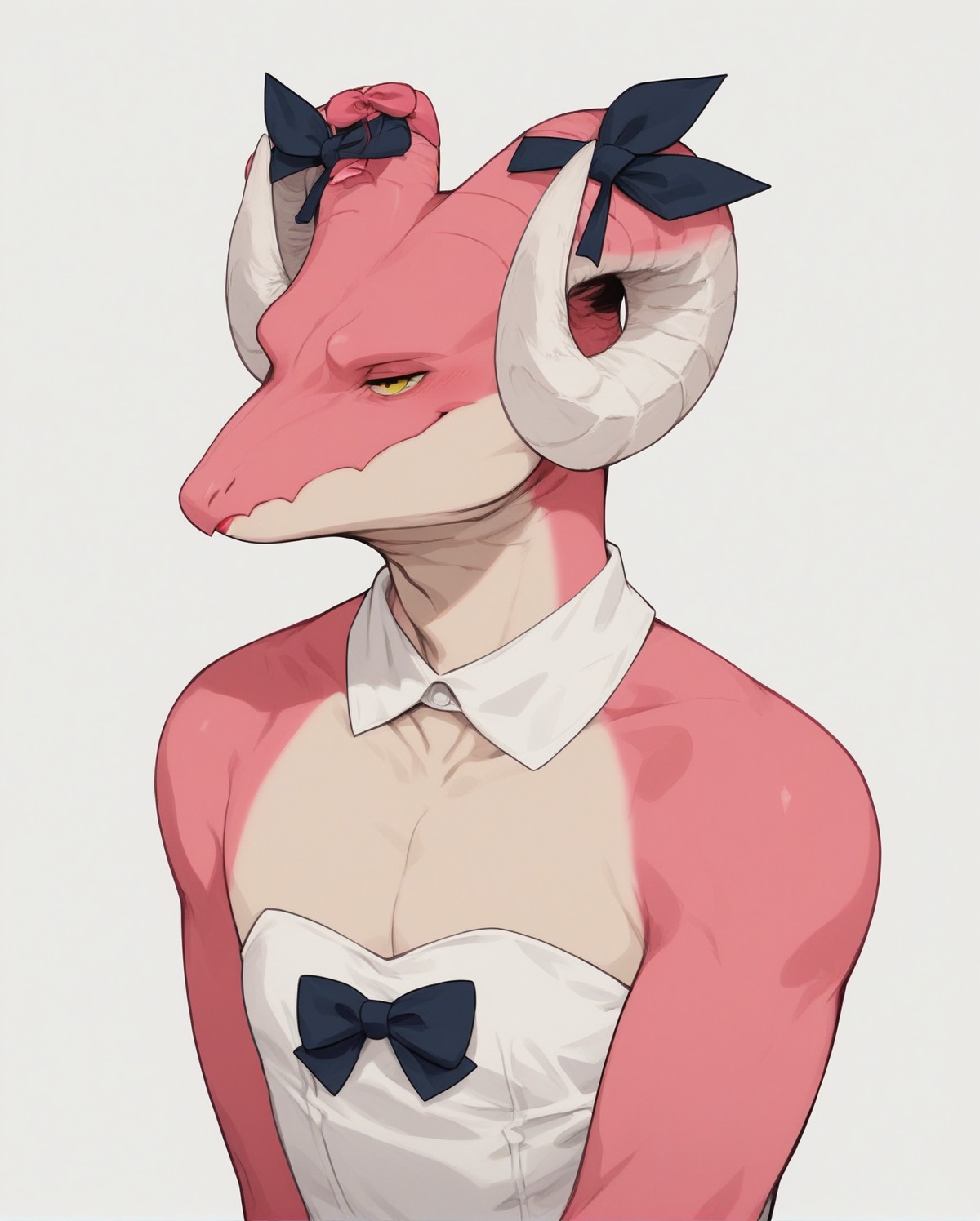 core_9, score_8_up, score_7_up, score_6_up, score_5_up, score_4_up,
(Masterpiece), (Best Quality), (Hi Res),
source_furry,
<1boy:1.5>,
<solo:1.5>,
<pink skin:1.5>,
<pink body:1.5>,
vincent_falnail, falchan, greyscale, 1boy, male focus, solo, yellow eyes, horns, furry male, furry, simple background, white background,form,
<dress:1.5>,<white dress:1.5>,<strapless dress:1.5>,crossdressing,lipstick,makeup,ribbon,head ornament,ribbon on horns,nostrils,dragon,
<face zoom:1.5>,
<face focus:1.5>,
<simple background:1.5>,
<white  background:1.5>,
<lora:Vincent_Falnail:1> vincent_falnail <lora:90s4n1m3XLP:1> 90s4n1m3, smug,
smugness,
half closed eyes,
closed mouth,
sarcastic,