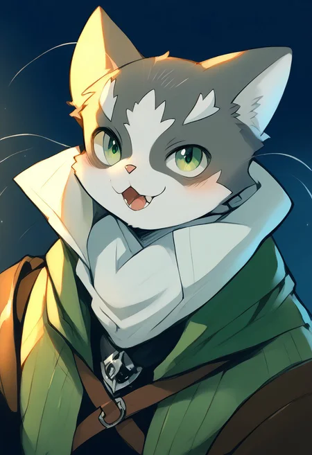 kemono,cute,furry,anthro,male,Nyanta, cat, long whiskers, green eyes, green cloak,leather armor,dark background, source_furry, score_9_up,score_8_up,score_7_up,score_6_up,score_5_up,score_4_up,best quality, by braeburned