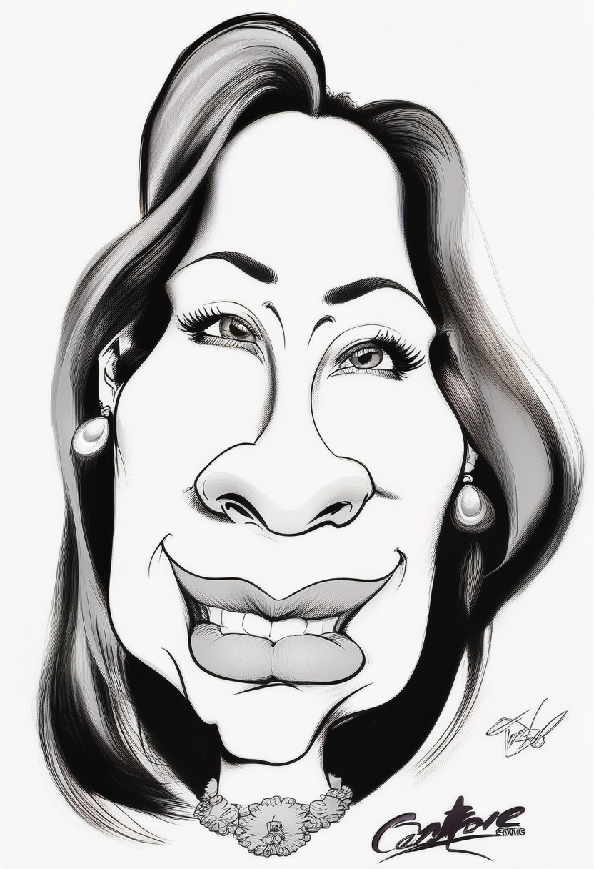 Caricature style drawing,<lora:CaricaturesTDXLv1a:1>,1girl,solo,portrait,simple background,looking at viewer,realistic,shirt,monochrome,greyscale,white background,sketch,upper body,signature,nose,collared shirt,traditional media,jacket,white shirt,thick eyebrows,formal,parody,