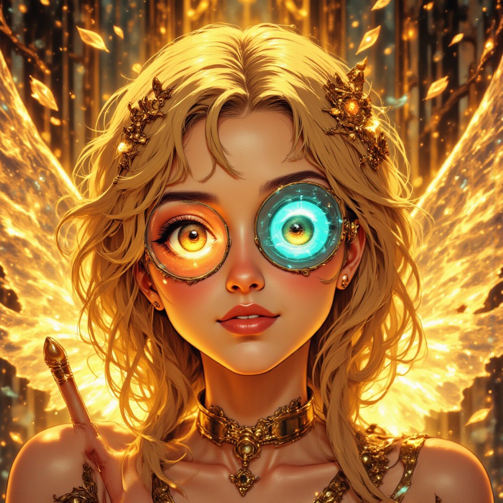 1girl, solo, girl face, extremely close up, beautiful face, smile, gold hair, gold wings, ethereal aura, rainbow visor, looking viewer, extremely detailed face, delicate face, elegant face, mysterious expression,EYE VISOR, RAINBOW EYEVISOR