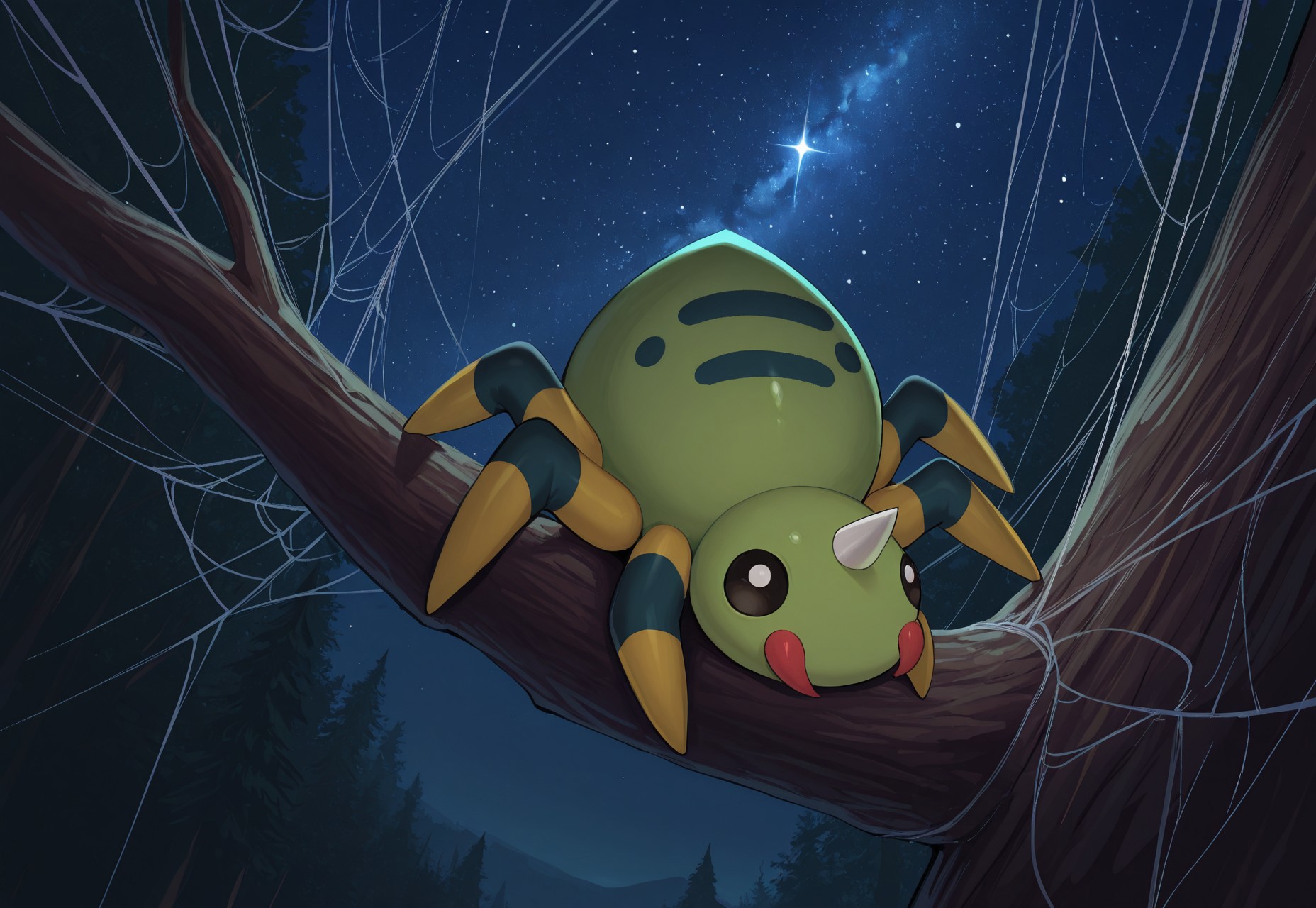 masterpiece, best quality, amazing quality, very aesthetic, absurdres, PKMN_Spinarak, 1other, black eyes, single horn, spider, green skin, red fangs, yellow legs, black body markings, forest, in tree, perspective, spider web, silk, night, dark, starry sky