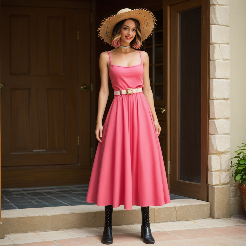score_9, score_8_up, score_7_up, 1 woman, cinematic, ultra detailed textures, red lips, black eye shadow, detailed face, full body shot, a pastel pink dress, a white straw hat, white  tigh-highs
leather boots, silver jewelry, choker, pink leather belt,  on the streets of Palermo, a candid photo, dark brown hair, layered bob hair style, colored hair streaks, 8k, ultra detailed textures (naughty, teasing expression), summer tan, seductive smile, pale skin, deep black eyes, sensual image, , Bianca Lars <lora:Ai-model:0.6> bl4kz