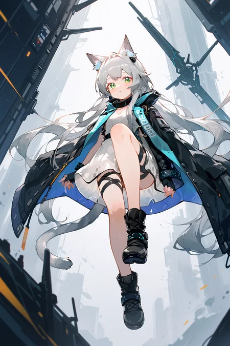 (score_9,score_8_up,score_7_up),<lora:Rosmontis(Arknights)-v1-000008:0.8>,Rosmontis(Arknights),1girl,solo,animal ears,tail,long hair,rosmontis (arknights),cat ears,cat tail,gloves,black footwear,green eyes,boots,fingerless gloves,dress,looking at viewer,full body,cat girl,black gloves,bangs,very long hair,jacket,parted lips,hood,grey hair,animal ear fluff,hood down,infection monitor (arknights),white dress,blush,coat,jacket on shoulders,white hair,open clothes,black jacket,earpiece,holding,thigh strap,
good feet,anime,NSFW,expressive,amazing quality,ultra hd 32k,