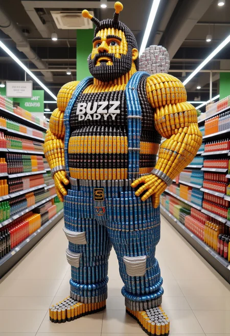 The image is a high-resolution photograph of an elaborate, creative arrangement inside a well-lit supermarket aisle. The centerpiece is a meticulously crafted, life-size model of Full body portrait shot, A giant fat man with a beard who is dressed as a bumble bee, in a crop top tank top, jeans that are skin tight, constructed entirely from cans of soda, along with the word "BUZZ DADDY".