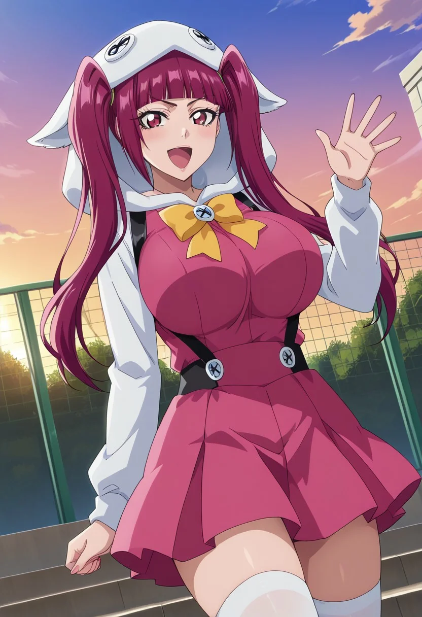 general,highres, ultra-detailed,very aesthetic,best quality ,best hands,best eyes,easynegative,
dynamic anglre, dutch angle, anime cloring,anime screencap,
1girl solo,looking at viewer,school, outdoors, smile, open mouth, waving hand, 
Riruka Dokugamine, violet hair,twintails, red eyes, huge_breasts,school uniform,