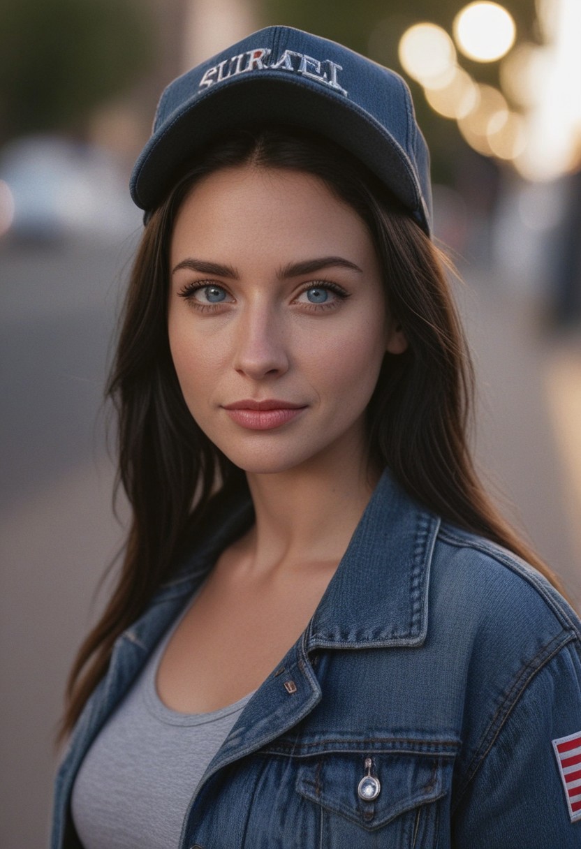 30yo woman holding an American flag.
Blue eyes. perfecteyes 
Wearing Denim jacket trucker hat. 
Long dark black slick back hair. No makeup. Dusk, Street light. Looking at camera POV. Slight smile, tilting head.. Tilt head.
Medium Close Up shot. Bokeh. Bokeh light. semi Blurred background.