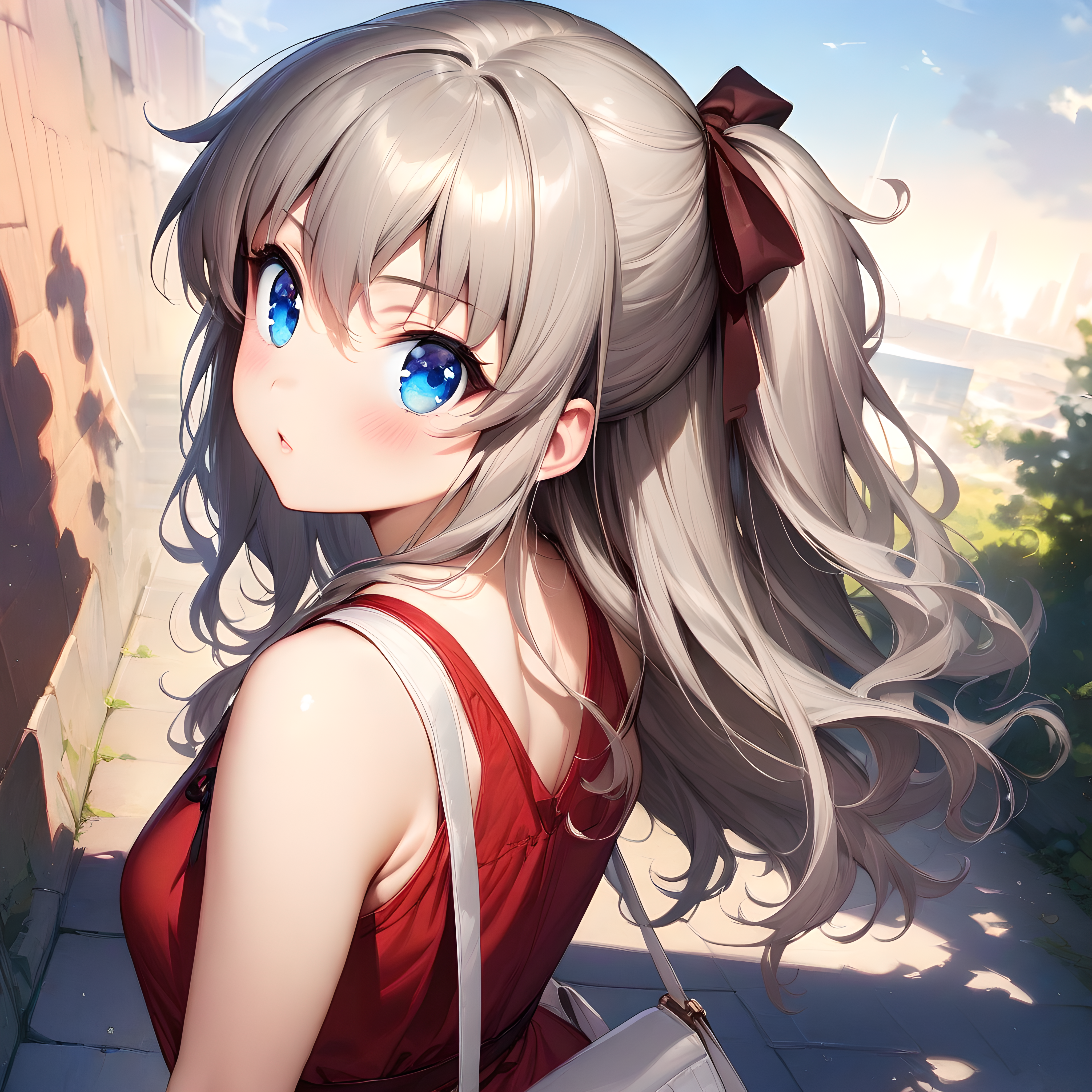 (masterpiece),(best quality),(ultra-detailed),(best illustration),(best shadow),(absurdres),(detailed background),(very aesthetic),nao_tomori, 1girl, solo, blue eyes, ponytail, bag, long hair, looking back, white background, ribbon, looking at viewer, simple background, hair ribbon, sleeveless, from behind, handbag <lora:XL-NaoTomori:1>