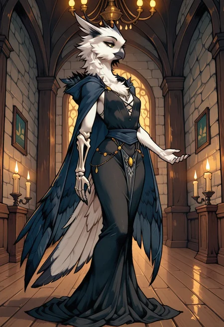 furry, megafeathery, feathers, avian, owl woman, long fluffy white hair, (((slender face, tall, skinny, thin neck))), (((white fur:1.40))), graceful calm pose, calm expresson, yellow eyes, (right arm is a skeleton arm), wearing a long black dress, wearing a dark blue cape with, in an old castle, warm light, candle light, fantasy, chandelier, stone walls, wooden floor, styleakramness, vehn