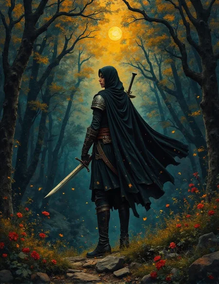 <lora:flux-collagestyle.safetensors:1> darkfantasycollagestyle
In the heart of a dimly lit, otherworldly forest, a formidable warrior stands resolute,准备迎接战斗。背景是一片模糊的粉紫色,宛如梦中的幻境,而战士的身影却异常清晰。她大约三十岁,皮肤如夜色般深邃,带有淡淡的光泽,仿佛被月光轻轻拂过。一头长发如同瀑布般垂落,每一缕都闪烁着细微的金光。她的战甲由黑色皮革和深海军蓝丝绸制成,镶嵌着错综复杂的金色藤蔓图案,宛如夜空中最亮的星辰。战甲的每一处细节都精心雕琢,从螺旋形的纹饰到细密的网状纹理,无不透出一种神秘的美感。
她手中的长剑,闪耀着幽蓝的光芒,与周围环境的深色调形成鲜明对比。剑身流畅而锋利,剑柄上缠绕着银色的藤蔓,末端镶嵌着一颗宛如oldemind的宝石,散发着柔和而坚定的光。她的目光坚定而深邃,仿佛能洞察一切虚伪与真相,眼中闪烁着不屈的光芒。
周围的森林充满了生命力,但又带着一丝诡异的静谧。地面上生长着各种异域植物,叶片上覆盖着细微的银色露珠,每当微风吹过,便轻轻颤动,仿佛在低语。远处,隐匿在树影中的荧光生物偶尔闪烁,增添了一抹神秘的氛围。在这低光的环境中,每一处细节都被赋予了生命,战士的每一个动作都显得格外优雅而威严,宛如从古代神话中走出的英雄,准备迎接未知的挑战。