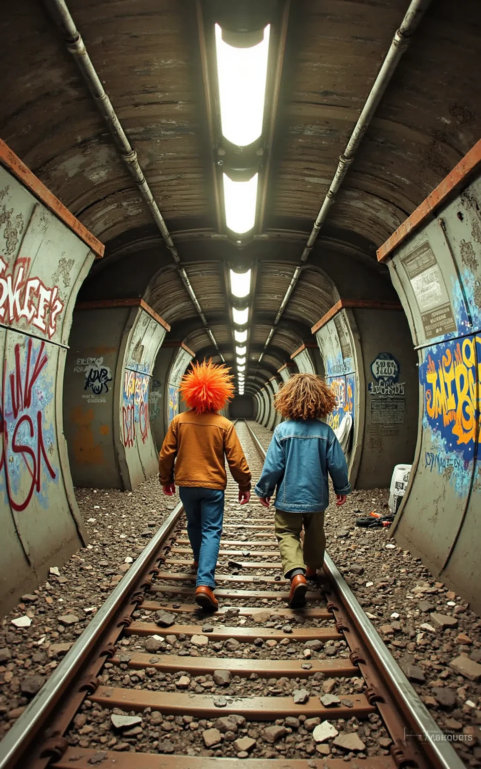 YFG-TTVHUD3 Whimsical subway cartoon: Illustrate two eccentric homeless individuals - 'Ginger' with his signature bright orange wig and threadbare denim jacket, and 'Morty' with his perpetual five o'clock shadow and faded baseball cap - as they stroll along an abandoned underground rail track, the crumbling concrete walls and rusty rebar forming a surreal backdrop. Incorporate vibrant graffiti, flickering fluorescent lights, and scattered trash bags to capture the gritty urban atmosphere.