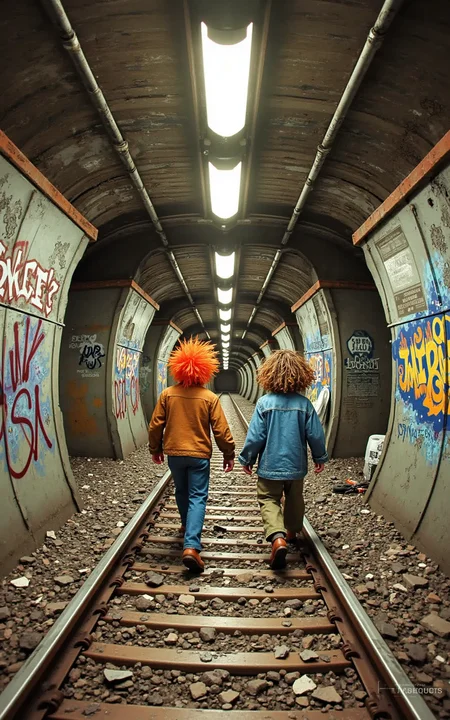 YFG-TTVHUD3 Whimsical subway cartoon: Illustrate two eccentric homeless individuals - 'Ginger' with his signature bright orange wig and threadbare denim jacket, and 'Morty' with his perpetual five o'clock shadow and faded baseball cap - as they stroll along an abandoned underground rail track, the crumbling concrete walls and rusty rebar forming a surreal backdrop. Incorporate vibrant graffiti, flickering fluorescent lights, and scattered trash bags to capture the gritty urban atmosphere.