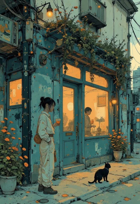 A cozy and charming storefront covered in lush green ivy and vibrant plants. The green brick exterior is almost completely draped in creeping ivy, with bright green leaves that cast intricate shadows under the warm sunlight. Small clusters of red and white flowers bloom in a pot near the bottom right corner, adding a touch of color to the scene. The central green door has a glass panel that reveals the warmly lit interior filled with shelves of bread and bottles. To the left, a small window displays neatly arranged baked goods and wine, giving a rustic and welcoming feel.
Above the door, a black iron lantern casts a soft, warm glow, while the wall is adorned with small chalkboard menus and framed decorations that add character to the shop. The cobblestone pavement in front of the store is partially shaded by the ivy and tree branches, creating a serene and inviting atmosphere.
Standing in front of the door is a young girl with blunt-cut bangs and a casual summer outfit. She sips on an iced coffee from a transparent cup with a straw, her relaxed demeanor complementing the tranquil setting. Beside her, a sleek black cat sits lazily on the cobblestones, its tail curling slightly as it gazes into the distance. The entire scene exudes warmth, charm, and a peaceful harmony between nature and urban life.
<lora:Anime v1.3:1.2> <lora:Blue_Future:0.9> <lora:Ethereal_Brush_Anime_v1.0:0.6> <lora:It's a LoRA for portraits, BUT! actually specialized in backgrounds. v1.0:0.2>