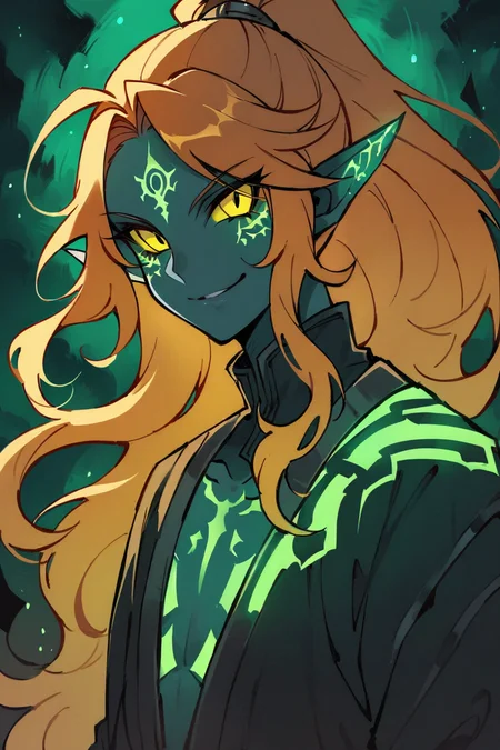 ((masterpiece,best quality)), zzTwilightZelda, zzTwilightZelda, glow, glowing, green glow, dark skin, grey skin, glowing tattoo, pointy ears, long hair, 1boy, upper body, ponytail, weapon, male focus, orange hair, yellow sclera, smile, <lora:TwilightTheme_SDXL:0.8>,