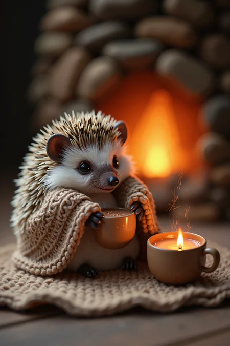 A tiny hedgehog wrapped snugly in a miniature blanket, holding a tiny cup of hot chocolate with both paws, sitting by a 'fireplace' made of stacked, glowing pebbles.