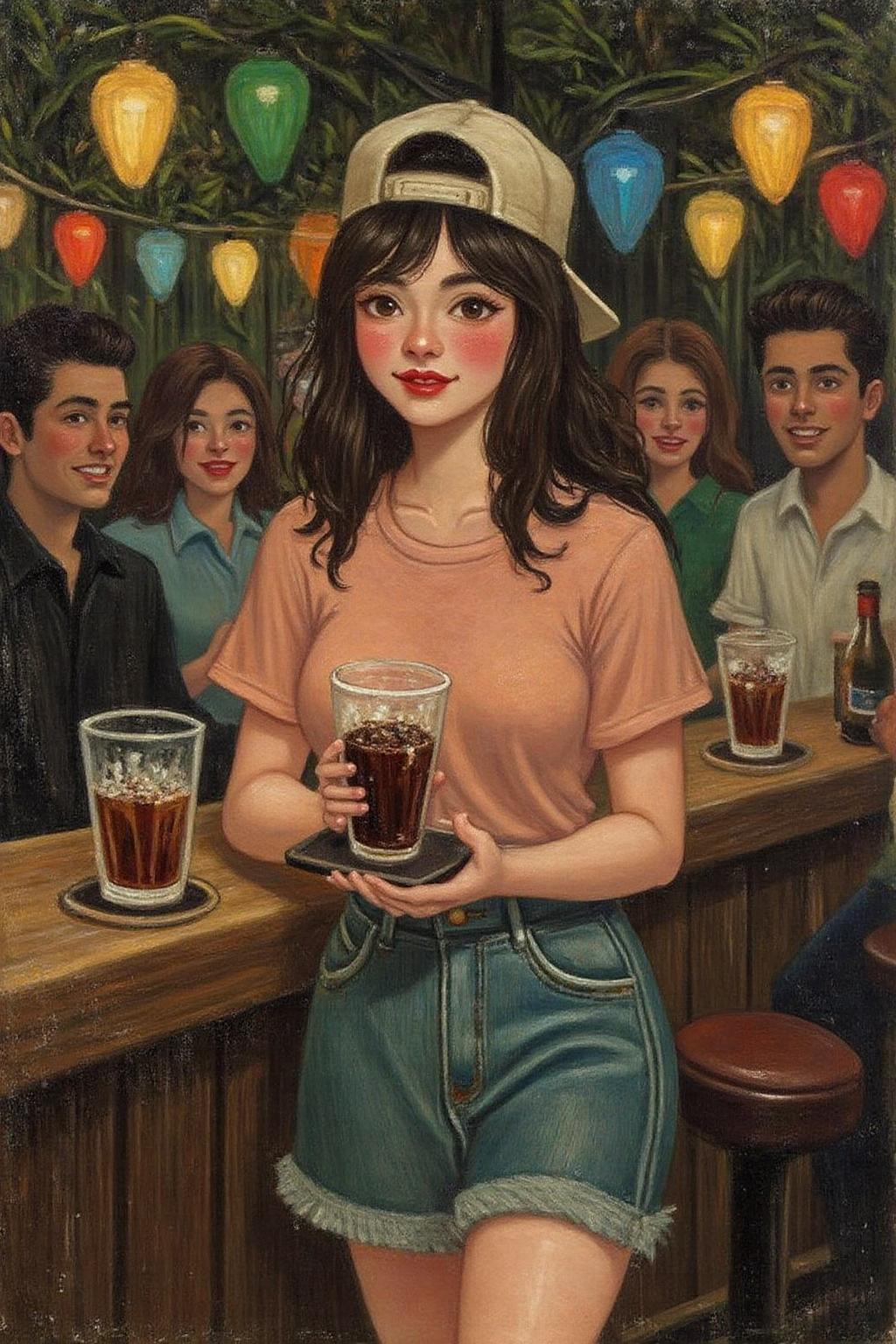 henrou1 painting
 The air buzzes with the energy of a busy bar, a mix of music, conversation, and the clinking of glasses. A barmaid, the embodiment of youthful vibrancy, navigates the lively scene. She wears a peach-coloured T-shirt, the soft fabric contrasting with the smooth, cold glass of coke she carries on a small tablet. Her short skirt adds a playful touch, and a backwards baseball cap hints at a carefree attitude. The setting and atmosphere are palpable: the warm, slightly sticky surface of the bar counter under her fingertips, the dim, colourful lighting that casts playful shadows. Sensory details are abundant: the condensation forming on the glass of coke, the texture of her denim skirt, and the way the bar lights catch the highlights in her hair. Her confident stride, her quick smile, and her efficient movements. Stylistically, the image draws inspiration from the vibrant, candid shots of nightlife photographers, with a touch of the stylized realism found in contemporary illustration. There's a deliberate contrast between the barmaid's youthful energy and the slightly worn, lived-in atmosphere of the bar, creating a dynamic and engaging image.   <lora:henrou1_jungle_cap_d6a3e14:1.0><lora:817725343529028910:0>