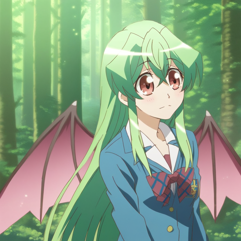 score_9, solo, youko_shiragami, green hair, long hair, school uniform, wings, forest, trees, cute, natural lighting