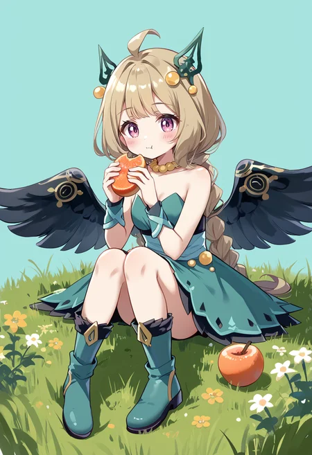 (score_9:0.9),score_8_up,score_7_up,rating_safe,anime style,(zPDXL),(zPDXL3),
<lora:Hugin the Runick Wings ponyXL v1:0.76>,hugin the runick wings, 1girl, solo, green strapless dress, sitting, yellow necklace, green knee boots, grass, full body, blush, green hair ornament, green vambraces, simple background, closed mouth, holding fruit, minigirl