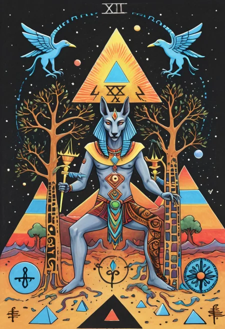 a drawing of Lunar Anubis, Egyptian psychadelic journey, a pharoh having a psychadelic vision, drinking from the tree of life, ((sigil of pyramid, sigil of great power, frames cube FancyTurning:1.5), (three planes) X Y Z in occult space, colorful psychedelic Egyptian themed trip,