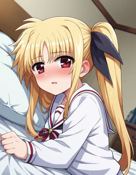 score_9, score_8_up, score_7_up, source_anime,
fatetestarossa, <lora:fate-testarossa-movie2-ponyxl-lora-nochekaiser:1>,
fate testarossa, long hair, blonde hair, red eyes, twintails, hair ribbon,
long sleeves, school uniform, serafuku, shirt, white shirt, white sailor collar,
indoors, bed, bed room, on side, blush, drunk,
looking at viewer, dutch angle, cowboy shot,