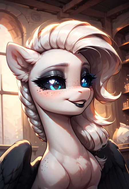 masterpiece, score_9, score_8_up, score_7_up, (best quality:1.1), ultra-detailed, high resolution, 1 girl, solo, pony, pegasus, highly detailed macro illustration, mlp, (Albina smiling), Albina, black sclera, (long white hair), (black wings), glowing eyes, freckles, close-up face, smiling, blushing, mare, sensual, long eyelashes, (indoors), (((beautiful detailed eyes))), Long eyelashes, fluffy, ear fluff, thick lips, goth styles, black lipstick, Highly Visible, (((8k))), sharp focus, perfect lighting, anatomically correct, extremely detailed, shine on body, (medieval hall), high detail, Expressiveh, detailed background, OverallDetail, zPDXL2