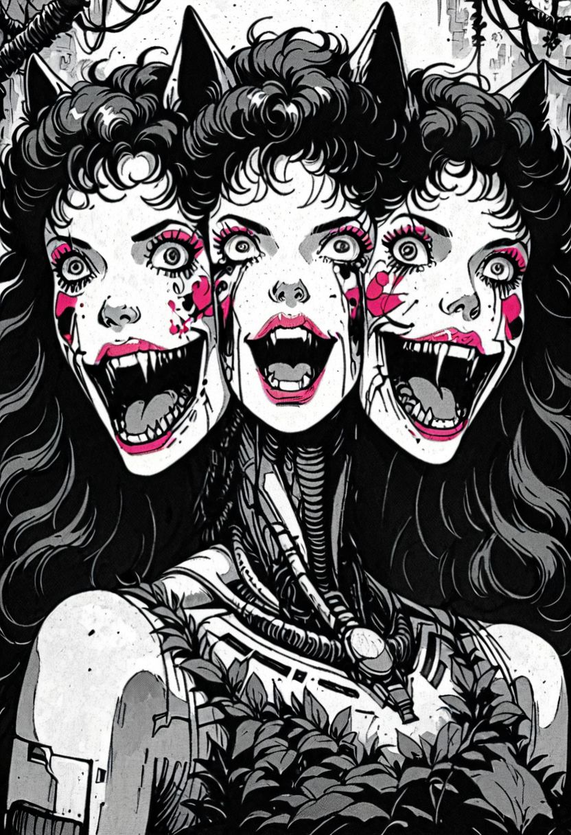 score_9, 1girl, solo, Barbie, xenotr1p, monochrome, selective pink color, knva, halftone effect, retro artstyle, jungle girl, barbarian, face paint, tattoos, long curly hair, (pink lips, pink eyeshadow), cowboy shot, creepy smile, horror, blood, selective red colour, neon, Patrick Nagel style, crazy eyes, cyberpunk, Cerberus, three heads,