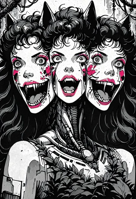 score_9, 1girl, solo, Barbie, xenotr1p, monochrome, selective pink color, knva, halftone effect, retro artstyle, jungle girl, barbarian, face paint, tattoos, long curly hair, (pink lips, pink eyeshadow), cowboy shot, creepy smile, horror, blood, selective red colour, neon, Patrick Nagel style, crazy eyes, cyberpunk, Cerberus, three heads,
